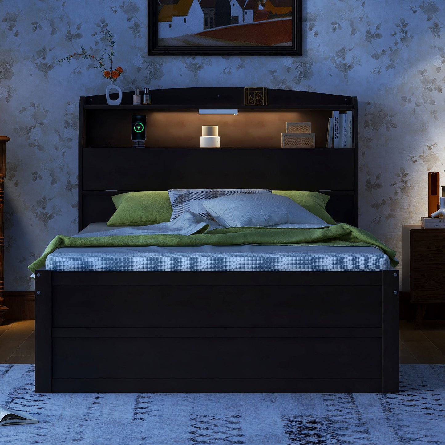 LED Platform Bed With Trundle With Storage Headboard With Drawers