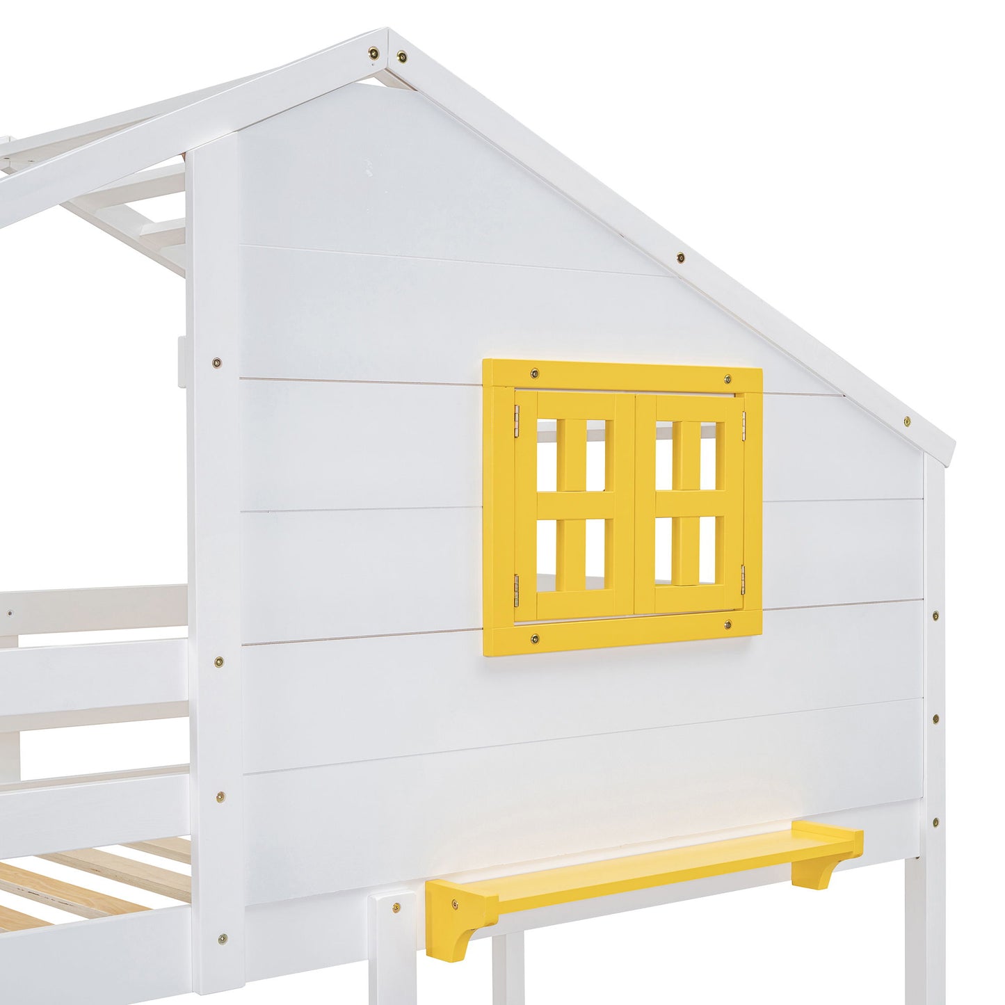 Twin Over Twin Bunk Bed With Playhouse Roof And Window - White