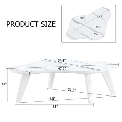Modern Minimalist Imitation Marble Coffee Table With Solid Wood Legs And Cloud Shape Design - White