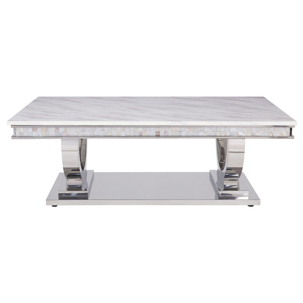 Zander - Coffee Table - White Printed Faux Marble Top & Mirrored Silver