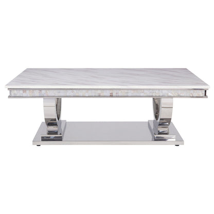 Zander - Coffee Table - White Printed Faux Marble Top & Mirrored Silver