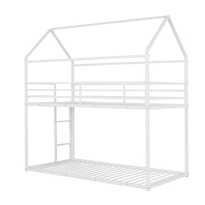 House Bunk Bed Metal Bed Frame Built-In Ladder, No Box Spring Needed