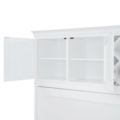 Queen Size Murphy Wall Bed With Top Cabinets & Wine Rack - White