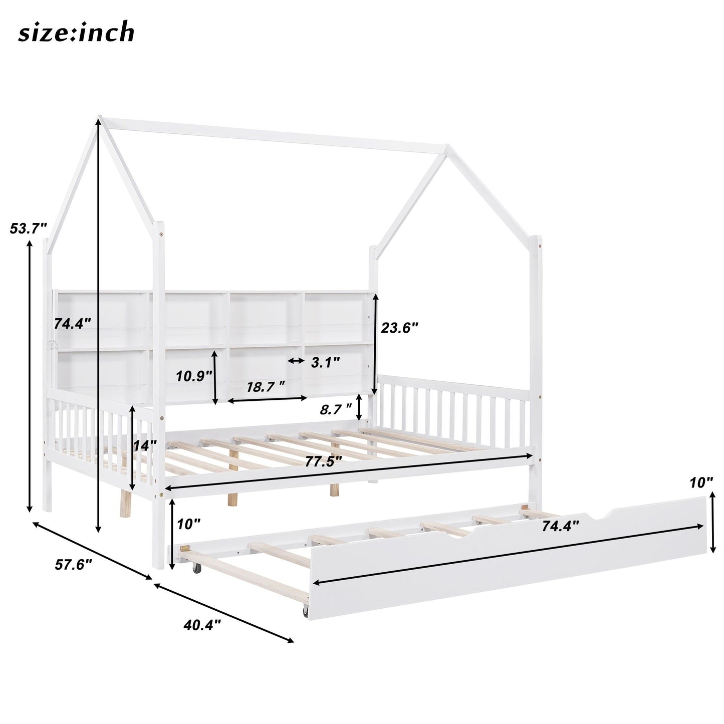 House Bed With Trundle, Kids Bed With Shelf