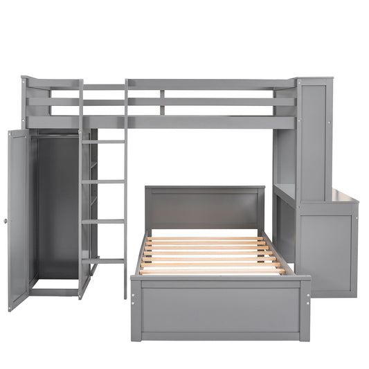 Twin Size Loft Bed With A Stand Alone Bed, Shelves, Desk, And Wardrobe - Gray