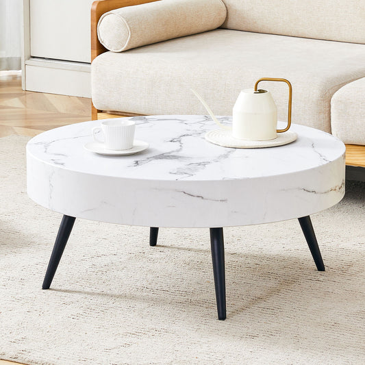 Modern Round Coffee Table With Marble Patterned, Metal Legs, Adjustable Feet - White