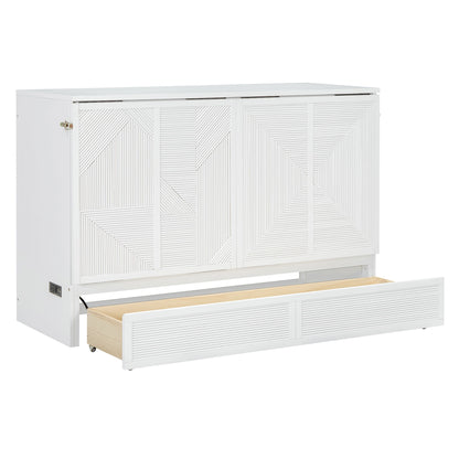Queen Size Murphy Bed With Large Drawer, USB Ports And Outlets - White