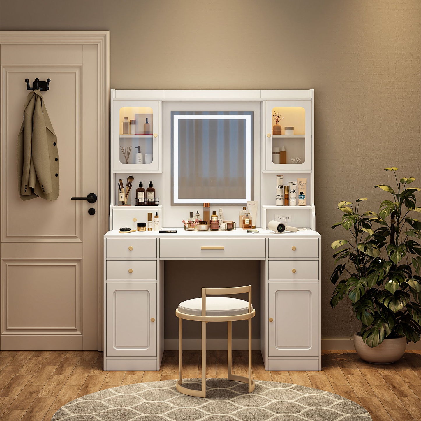 Elegant Vanity Table Set With Mirror, 6 Drawers & Shelves, Construction, Spacious Design - White