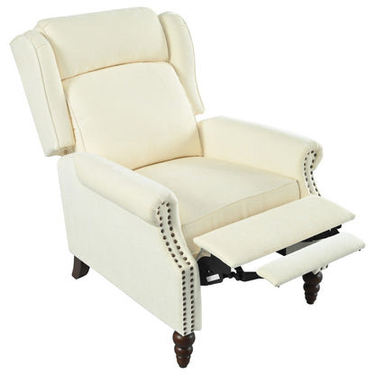 Push Back Recliner Chair Upholstered With Classic Wing Back And Solid Gourd-Shaped Legs For Living Room - Beige