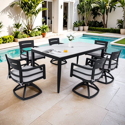 7 Piece Modern Outdoor Patio Dining Set With Table And Swivel Chairs Rockers With Sunbrella Cushions - Ember Black / White