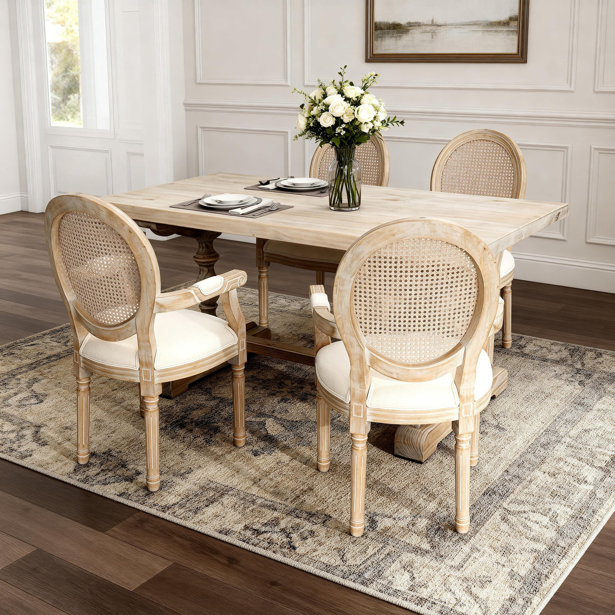 French Vintage Upholstered Fabric Dining Armchair (Set of 2) - Beige