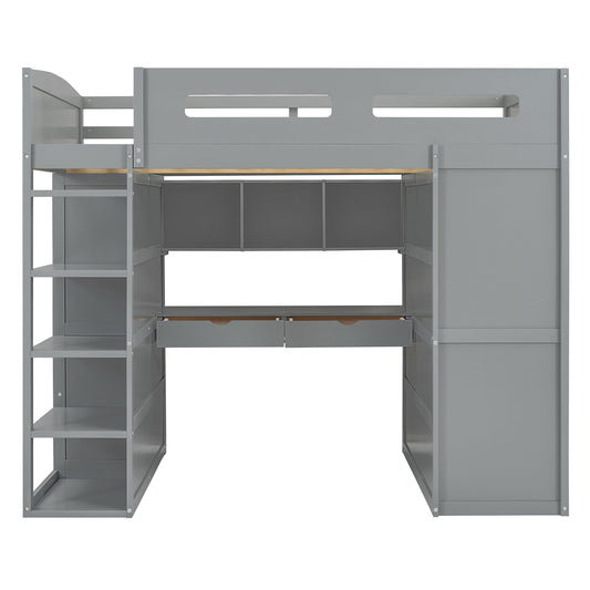 Full Size Loft Bed With Desk, Wardrobes, 4 Drawers And 4 Shelves - Gray