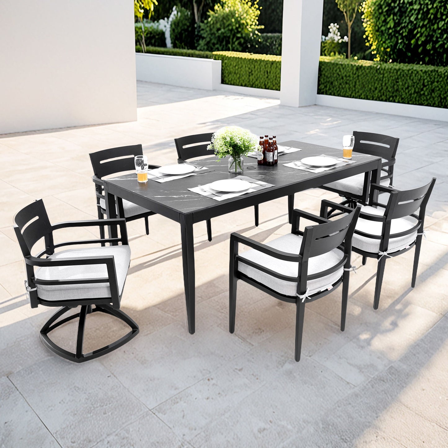 7 Pieces Modern Outdoor Patio Dining Set, Rectangular Table, 4 Chairs & 2 Swivel Rockers, Sunbrella Cushions - Ember Black