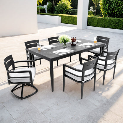 7 Pieces Modern Outdoor Patio Dining Set, Rectangular Table, 4 Chairs & 2 Swivel Rockers, Sunbrella Cushions - Ember Black