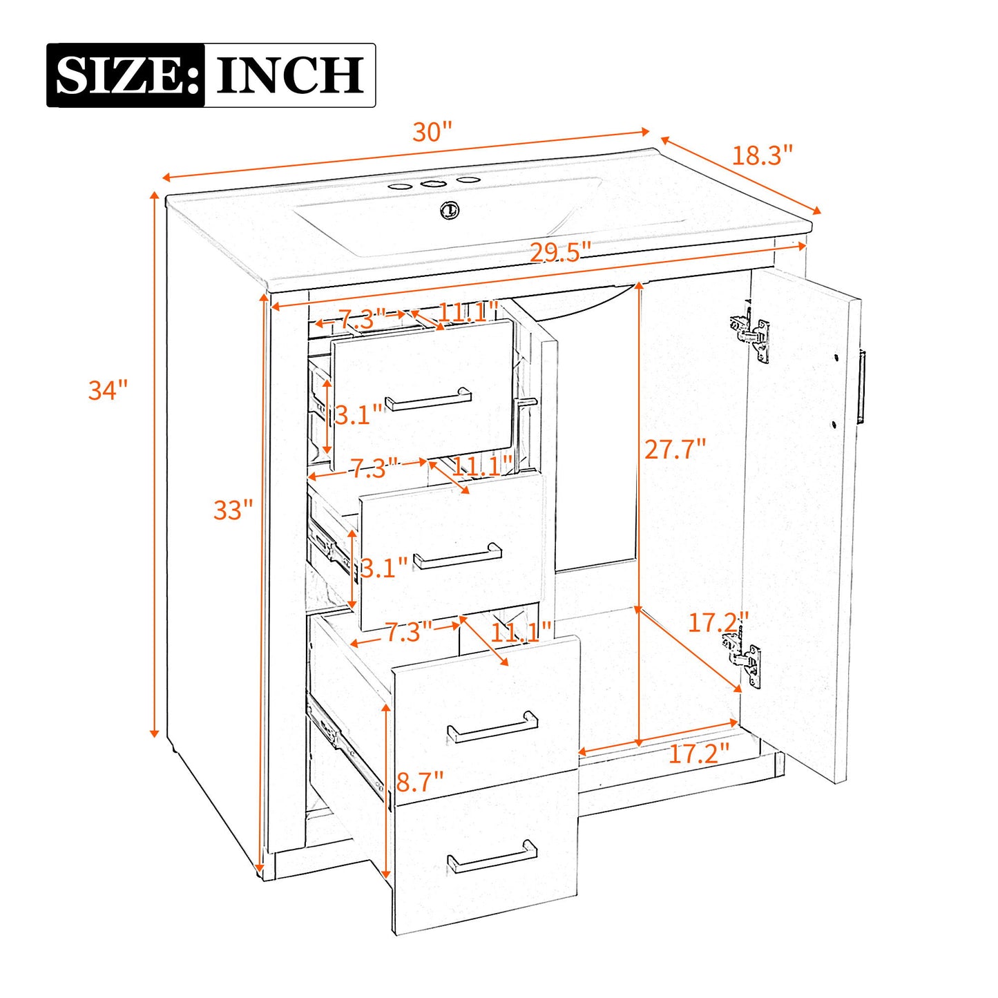 Ceramic Sink Combo, Freestanding Vanity Set With 3 Drawers & Soft Closing Doors