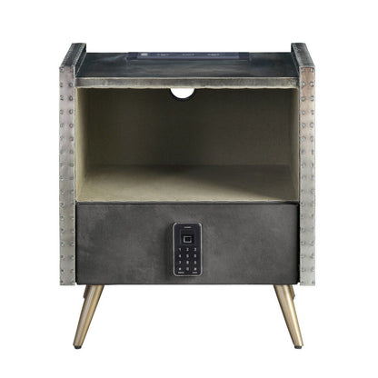 Doris - Nightstand With USB & Electric Lock - Gray Top Grain Leather & Aluminum