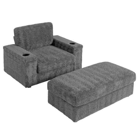 Oversized Chaise Lounge Indoor Rabbit Fur Sofa Bed With Storage Ottoman And Armrests Cup Holders With Deep Seat - Gray