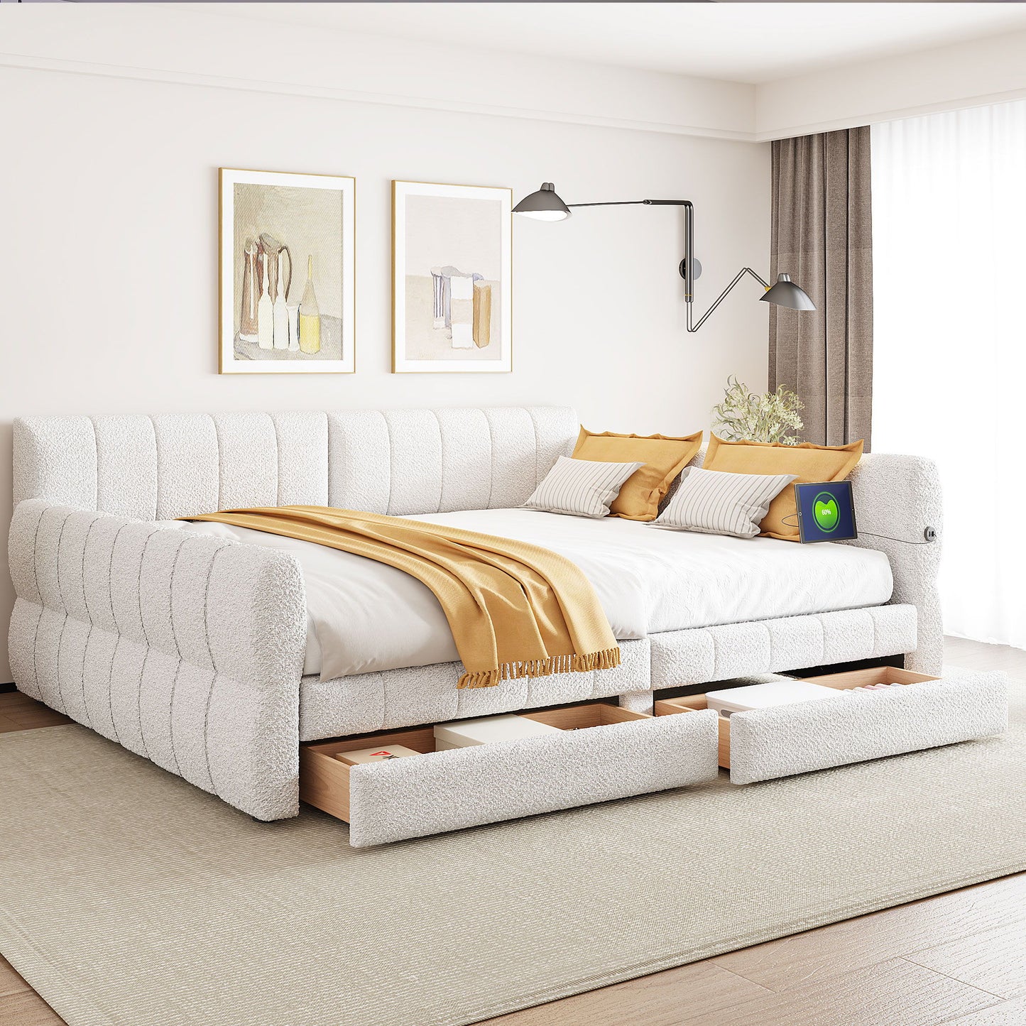 Queen Platform Bed With USB, 2 Drawers - White