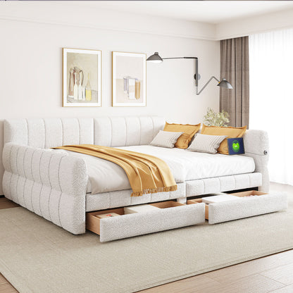 Queen Platform Bed With USB, 2 Drawers - White