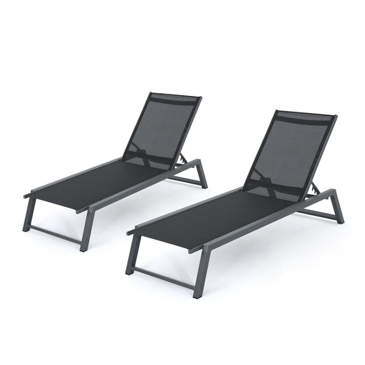 Outdoor Chaise Lounge With Mesh Back And Metal Frame - Black