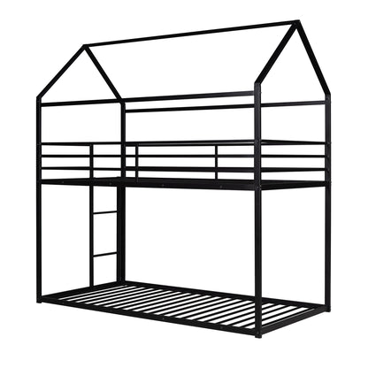 House Bunk Bed Metal Bed Frame Built-In Ladder, No Box Spring Needed