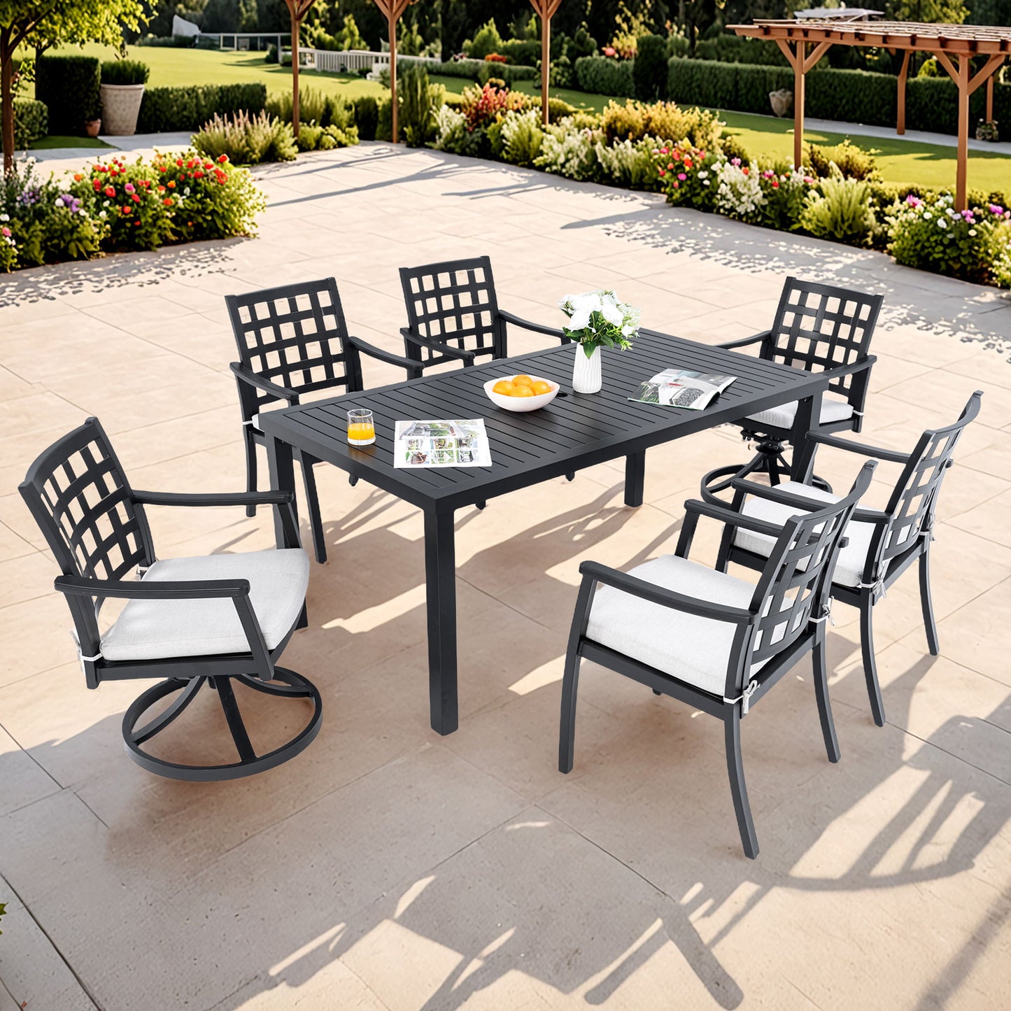 7 Pieces Modern Classic Outdoor Patio Dining Set With Rectangular Table, 6 Chairs, Cast, Sunbrella Cushions - Ember Black