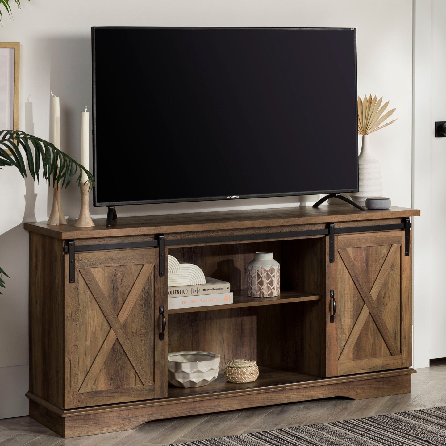 Farmhouse Sliding X Barn Door 58" TV Stand For 65" TVs - Rustic Oak