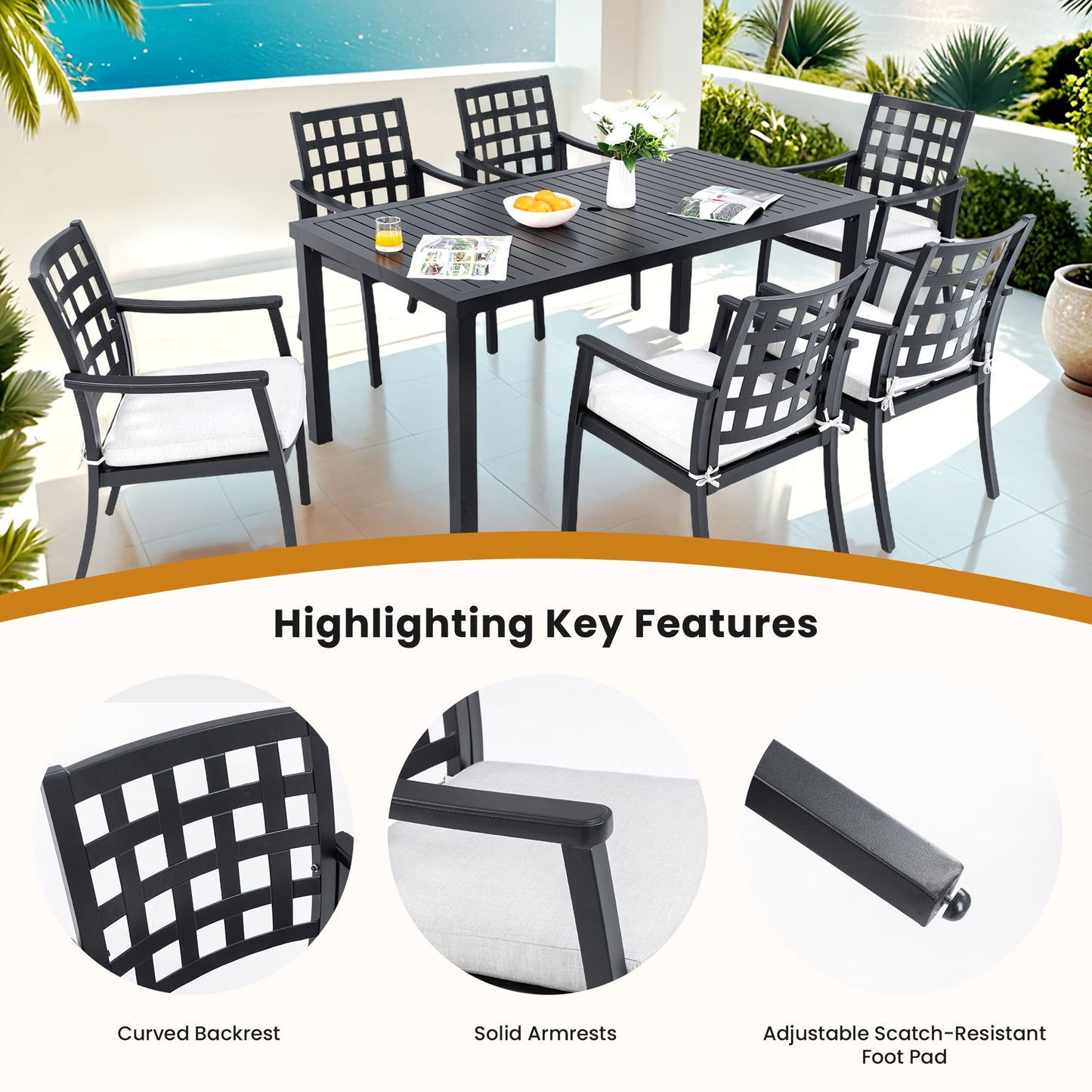 7 Pieces Outdoor Patio Dining Set, Rectangular Table And 6 Stationary Dining Chairs, Cast, Rust Free, Sunbrella Cushions, Weather Resistant - Ember Black