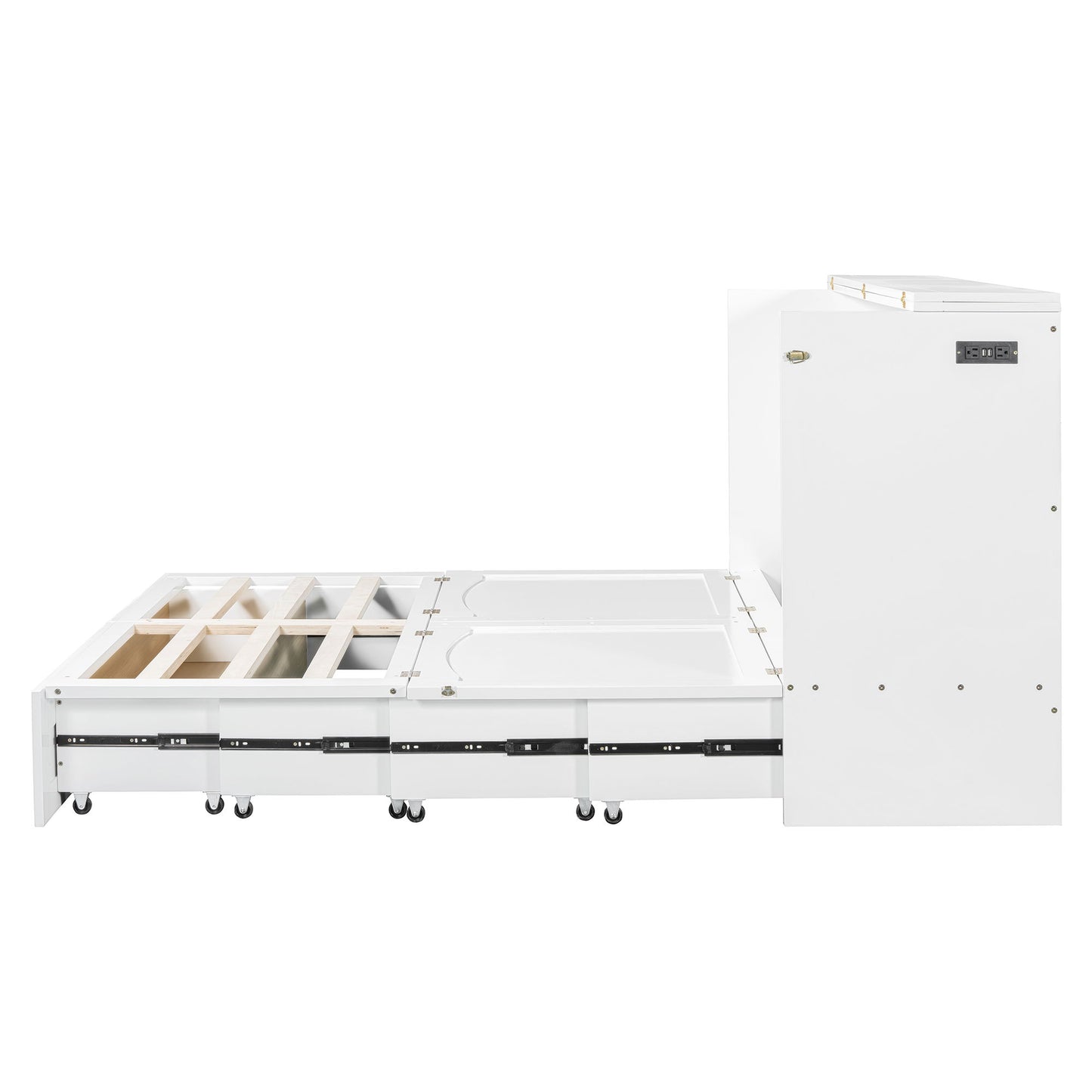 Queen Size Murphy Wall Bed With Drawer And A Set Of Sockets & USB Ports, Pulley Structure Design - White