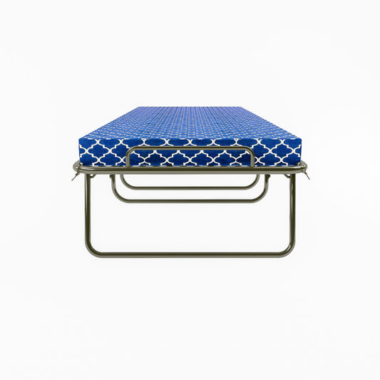 Metal Folding Bed Frame With Foam Mattress, Easy Storage, Movable With 4 Castors - Black / Blue