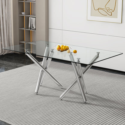 Modern Minimalist Rectangular Glass Dining Table With Tempered Glass Top And Chrome Legs For Kitchen - Silver / Transparent