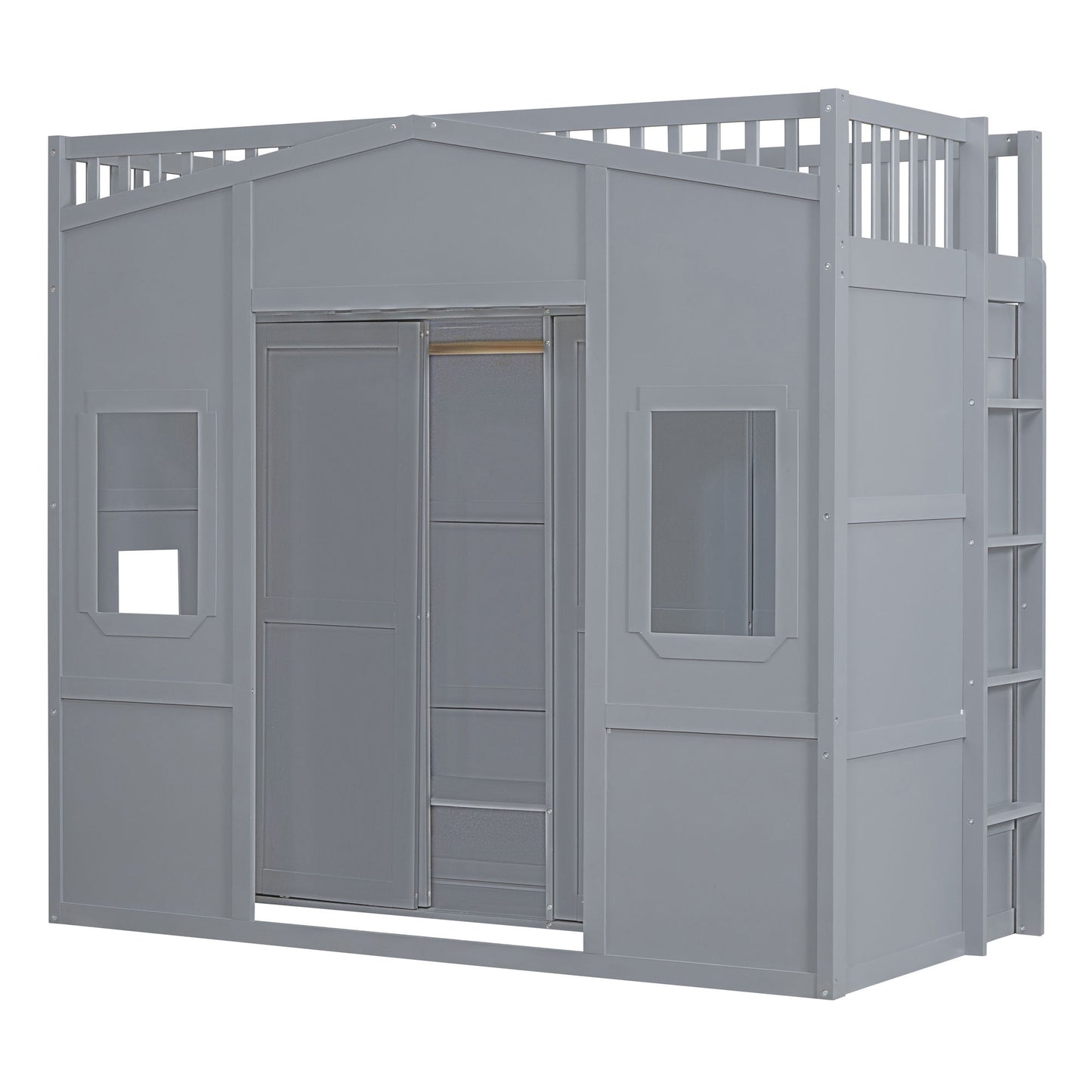 Twin Size House Loft Bed With Ladder And Wardrobe - Gray