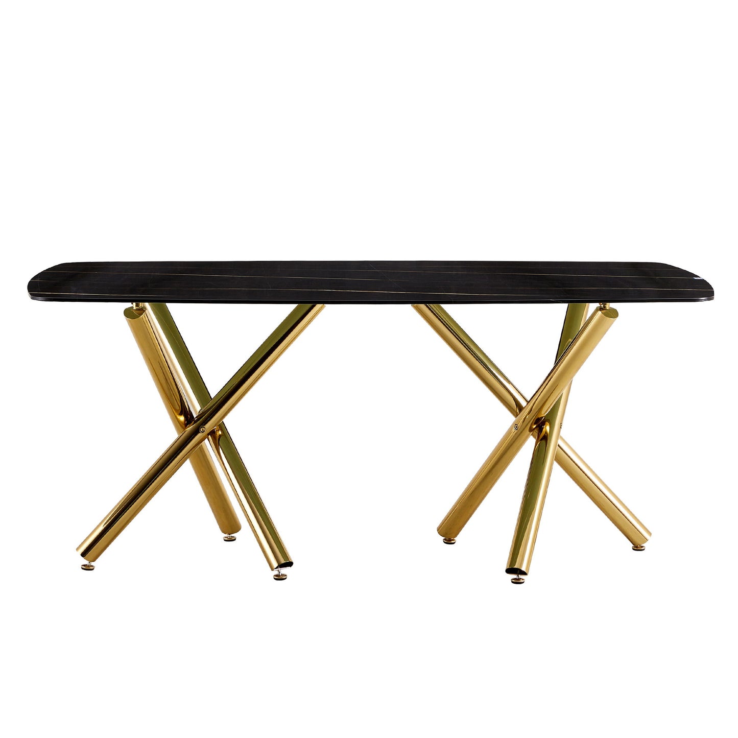 Modern Minimalist Rectangular Dining Table With Imitation Marble Glass & Metal Legs - Black / Gold