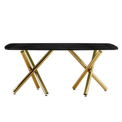 Modern Minimalist Rectangular Dining Table With Imitation Marble Glass & Metal Legs - Black / Gold
