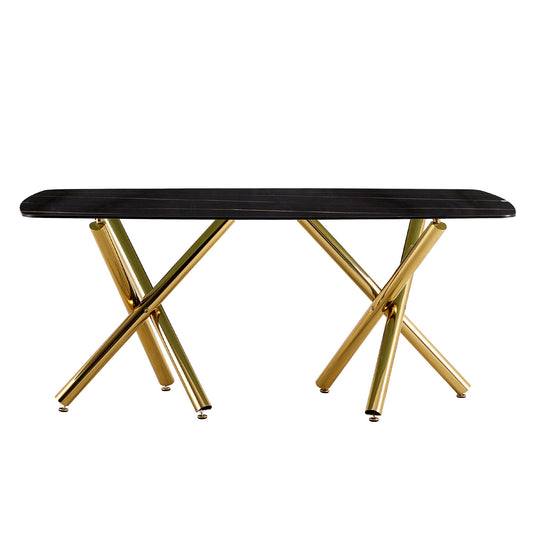 Modern Minimalist Rectangular Dining Table With Imitation Marble Glass & Metal Legs - Black / Gold