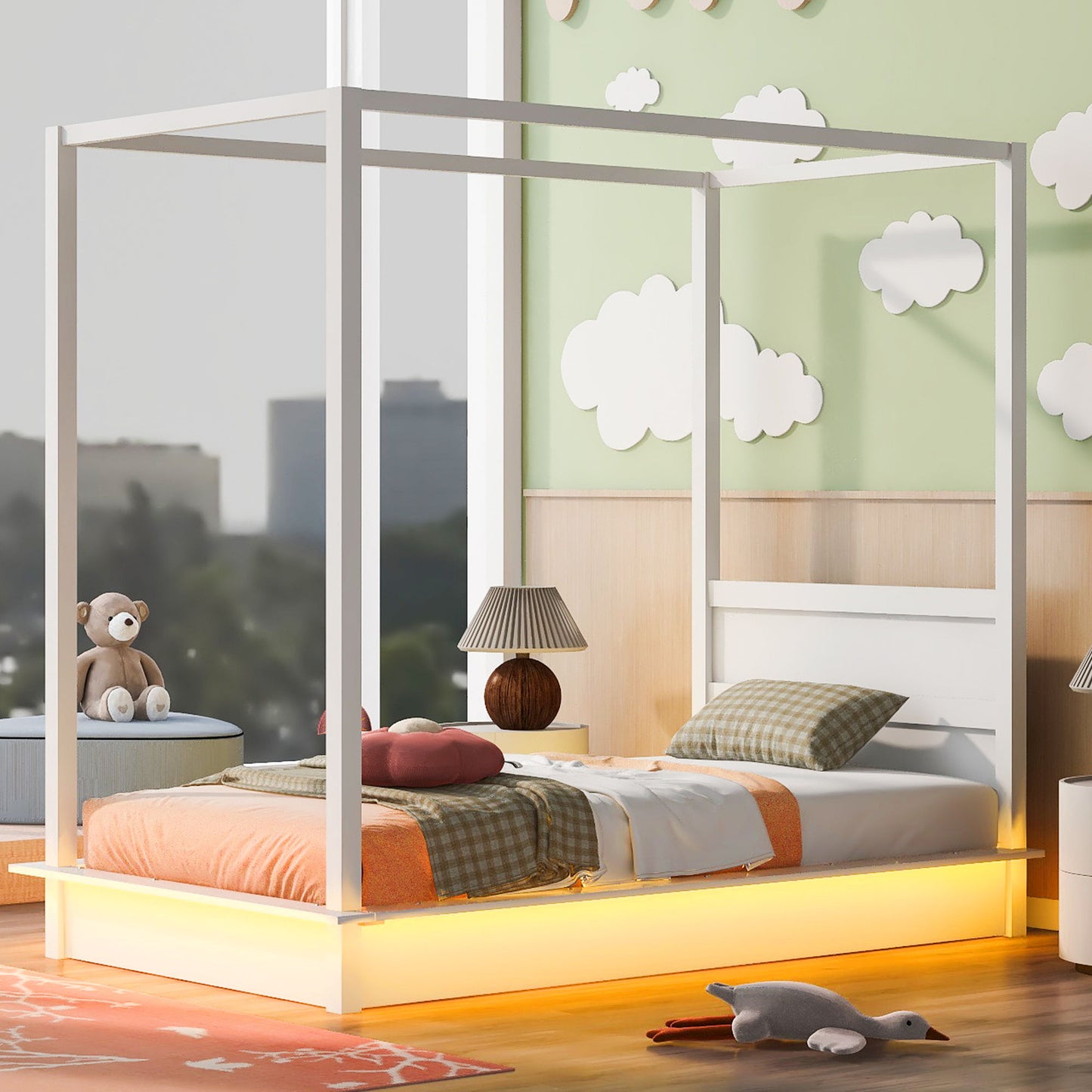 LED Canopy Bed, Canopy Platform Bed With Support Slats, No Box Spring Needed