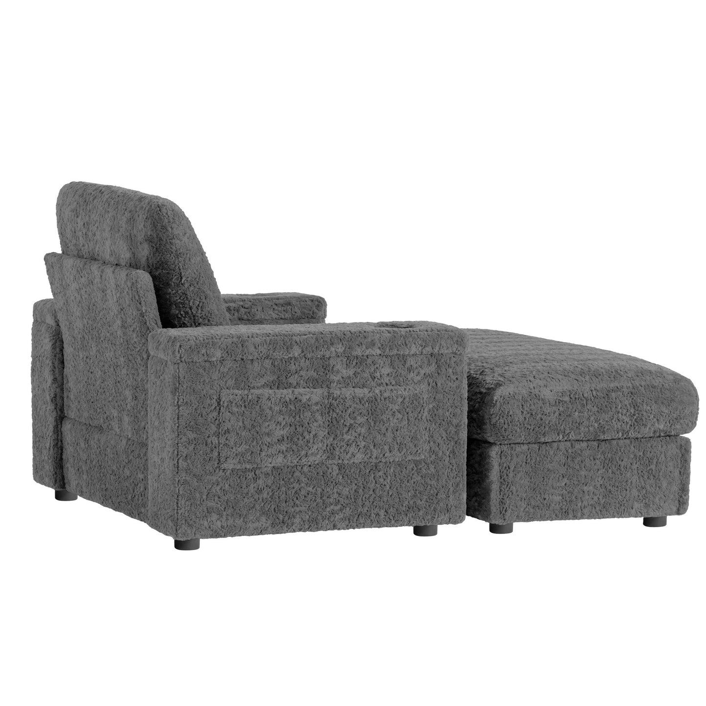 Oversized Chaise Lounge Indoor Rabbit Fur Sofa Bed With Storage Ottoman And Armrests Cup Holders With Deep Seat - Gray