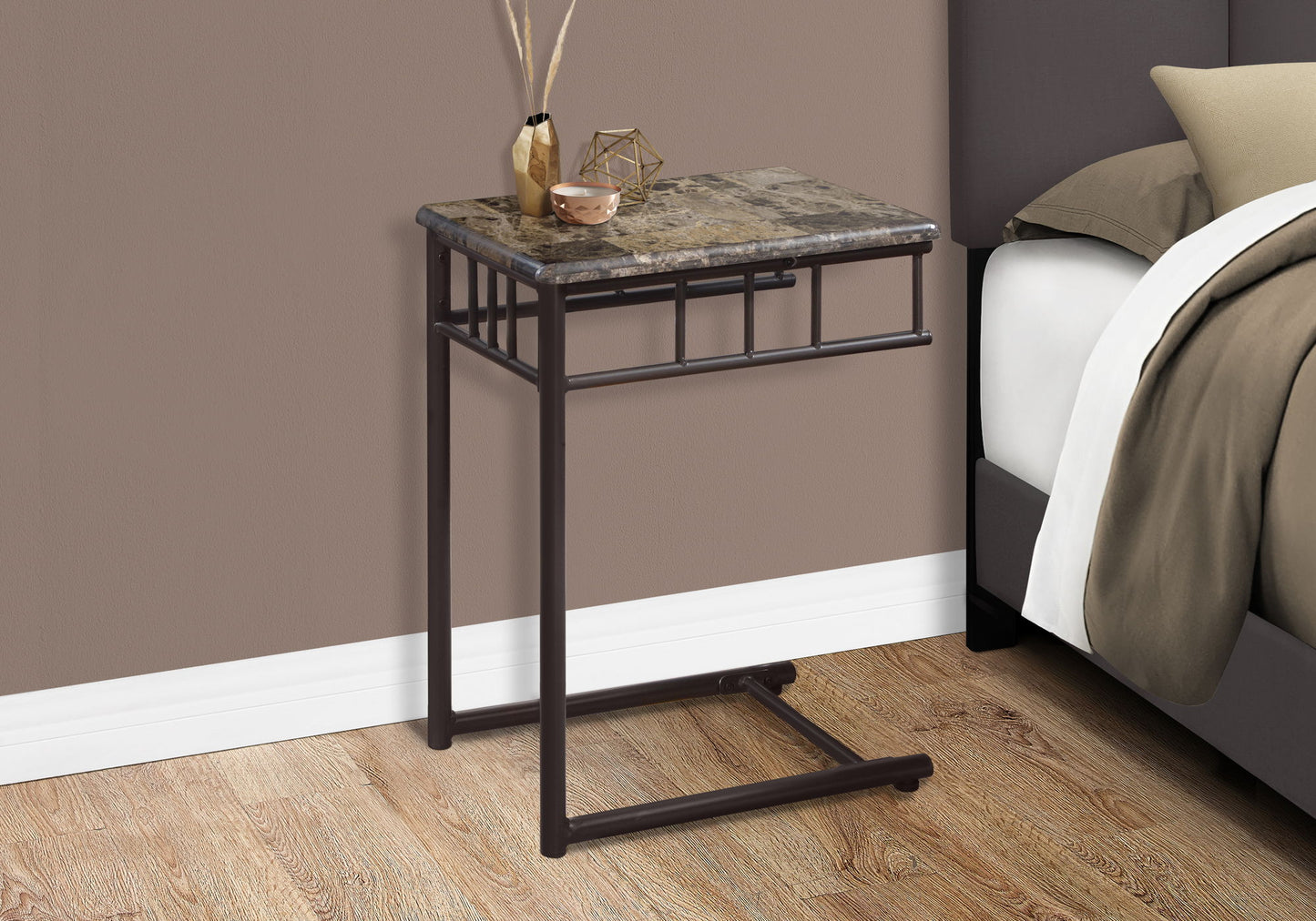 C-Shaped Accent Table Marble Look For Living Room - Espresso