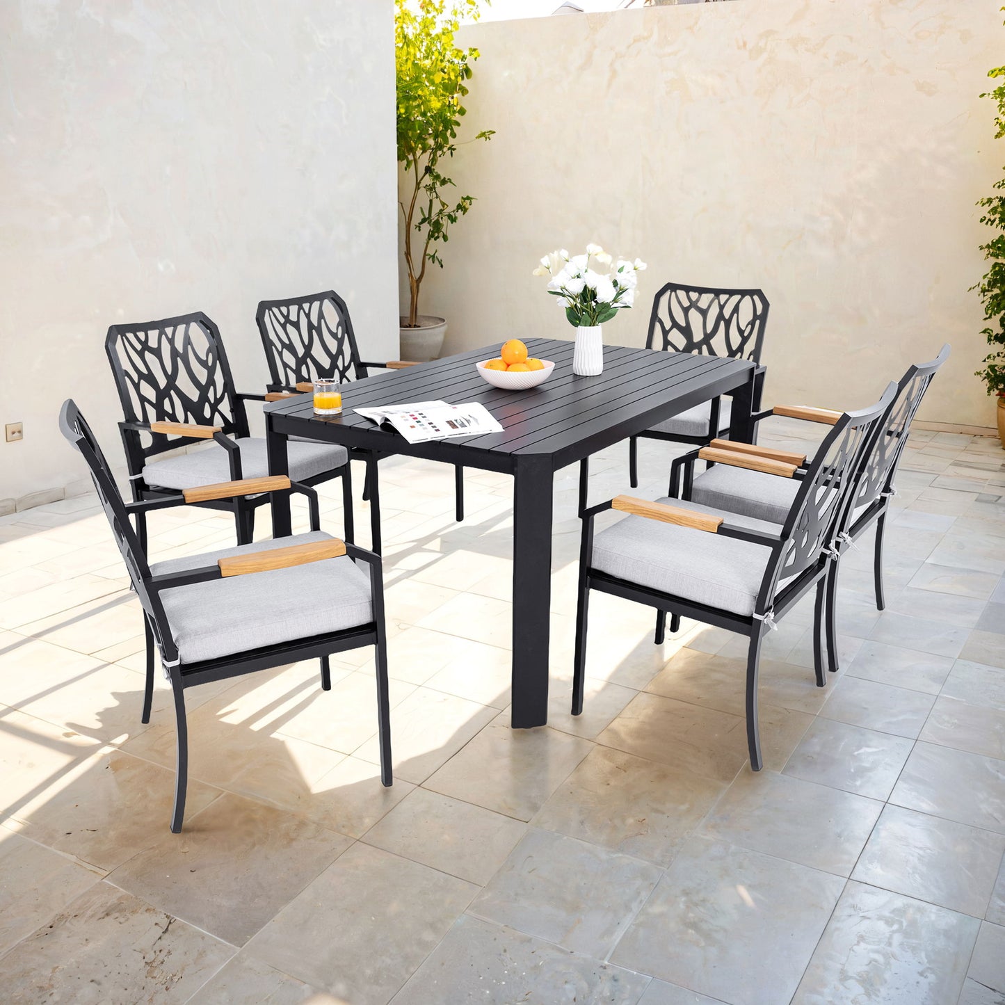7 Pieces Outdoor Patio Furniture Set, Modern Dining Set With 6 Dining Chairs Sunbrella Fabric, Rectangular Table With Umbrella Hole - Bourbon Brown