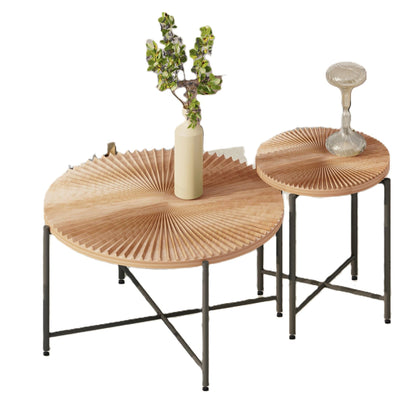 Radial - Pattern Coffee And End Table Set Waterproof Cover, Distressed Cylindrical Design, Legs Classic Rustic Charm (Set of 2) - Natural Wood / Brown