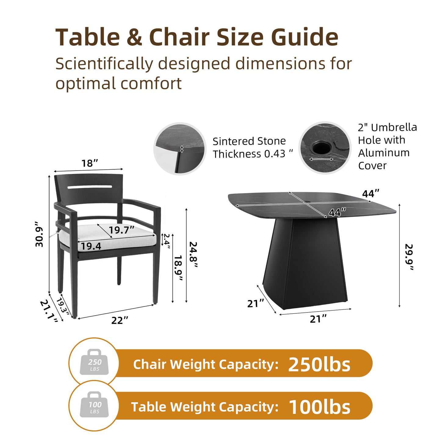5 Piece Outdoor Pedestal Dining Set, Rounded Square Table With Flared Base And 4 Armchairs - Ember Black