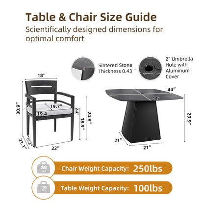 5 Piece Outdoor Pedestal Dining Set, Rounded Square Table With Flared Base And 4 Armchairs - Ember Black