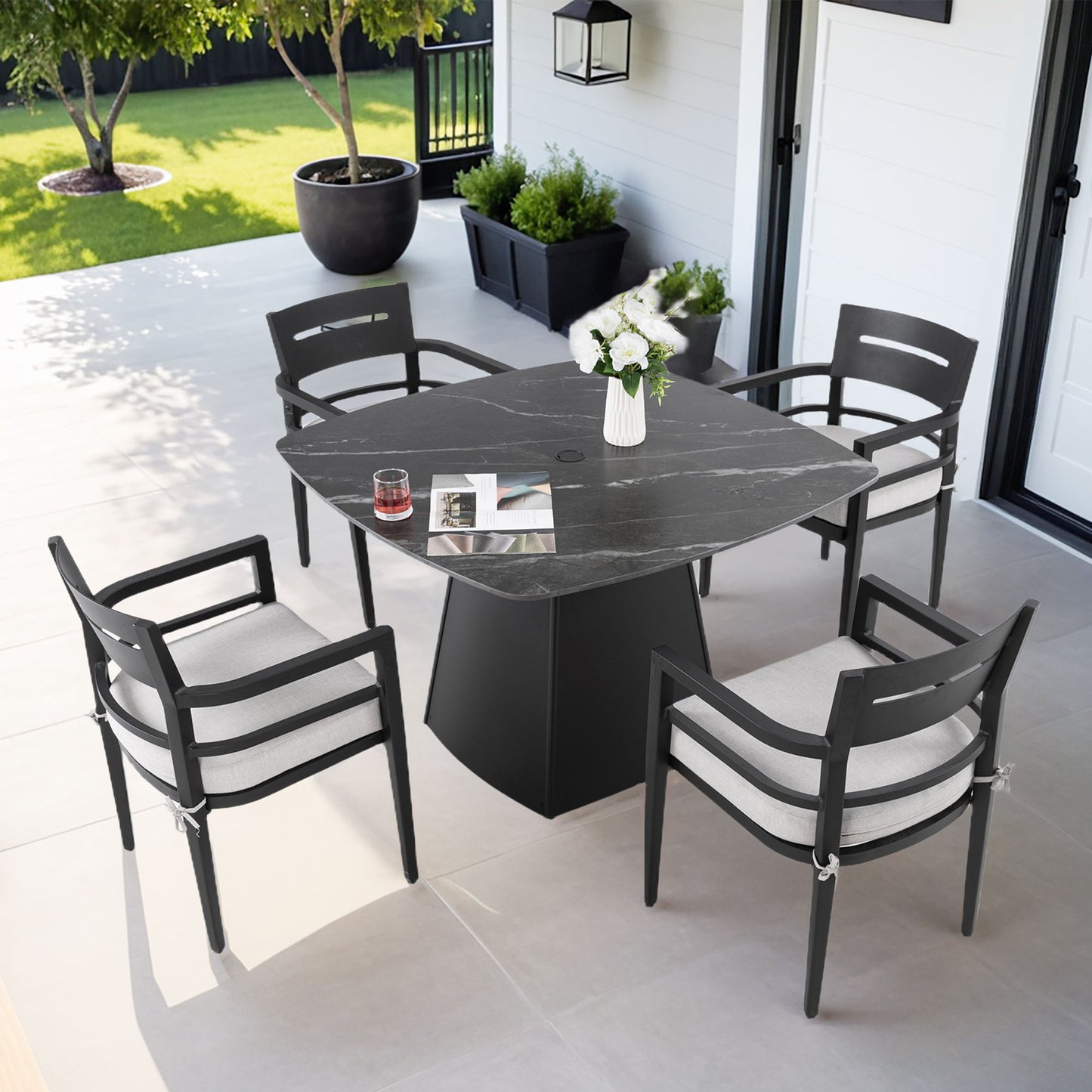 5 Piece Outdoor Pedestal Dining Set, Rounded Square Table With Flared Base And 4 Armchairs - Ember Black