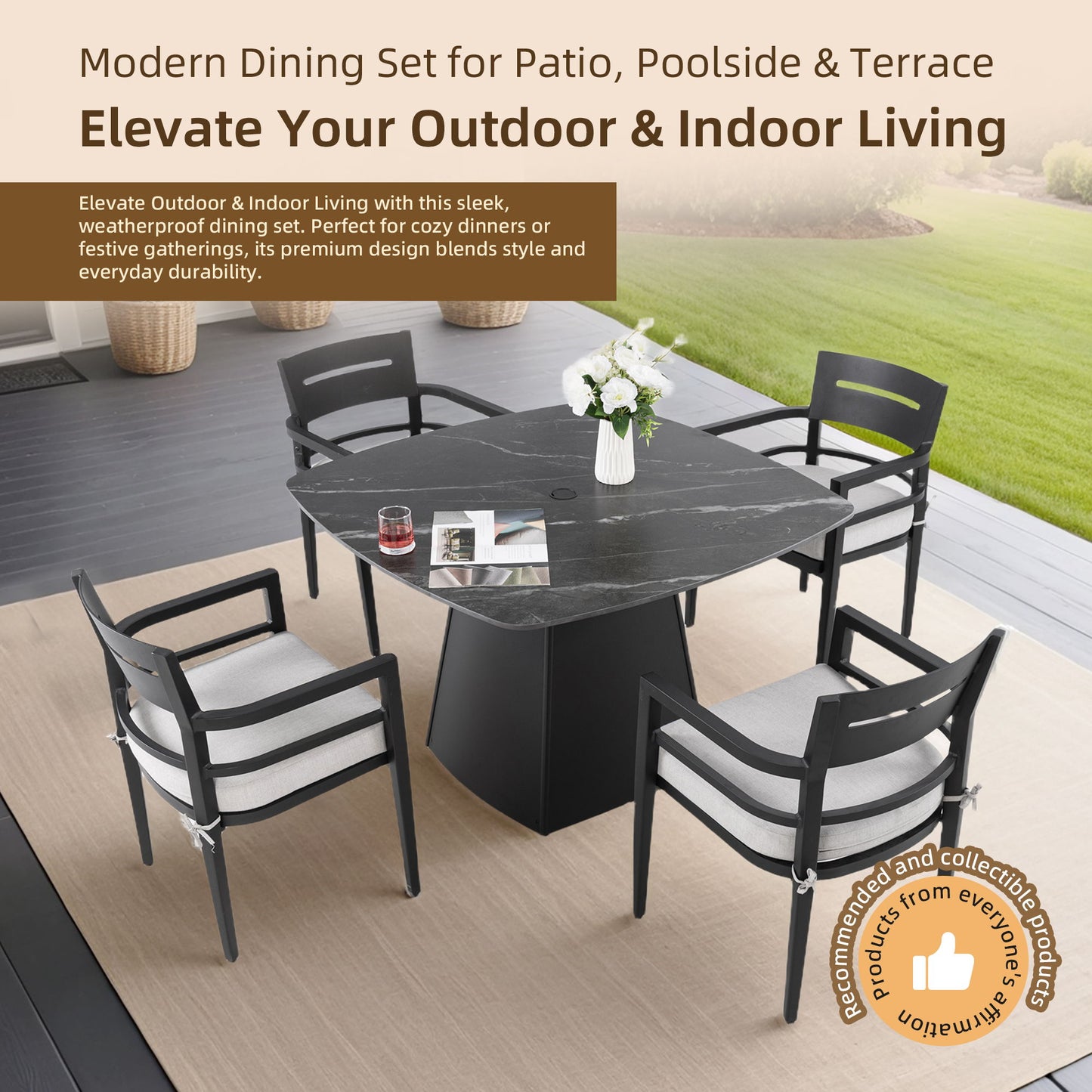 5 Piece Outdoor Pedestal Dining Set, Rounded Square Table With Flared Base And 4 Armchairs - Ember Black
