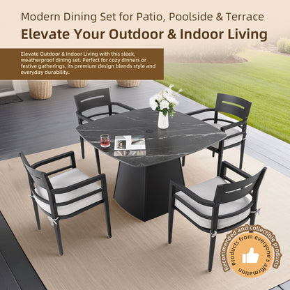 5 Piece Outdoor Pedestal Dining Set, Rounded Square Table With Flared Base And 4 Armchairs - Ember Black