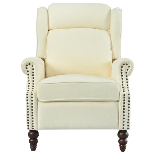 Push Back Recliner Chair Upholstered With Classic Wing Back And Solid Gourd-Shaped Legs For Living Room - Beige