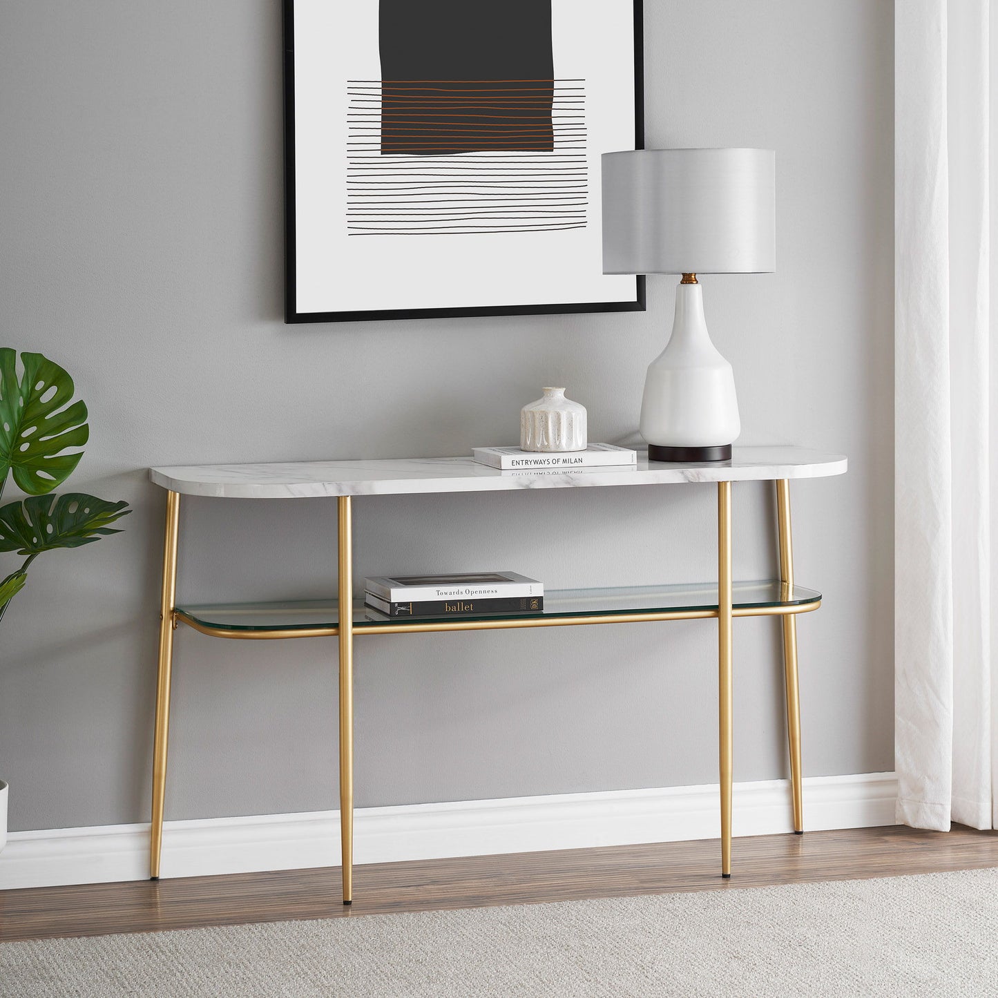 Modern Minimal Curved Entry Table - Gray / Gold