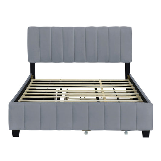 Queen Platform Contemporary Upholstered Bed With Drawers, Trundle - Gray