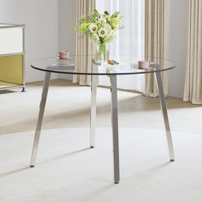 Modern Minimalist Circular Transparent Tempered Glass Table With Metal Legs For Kitchen And Dining Room - Silver / Transparent