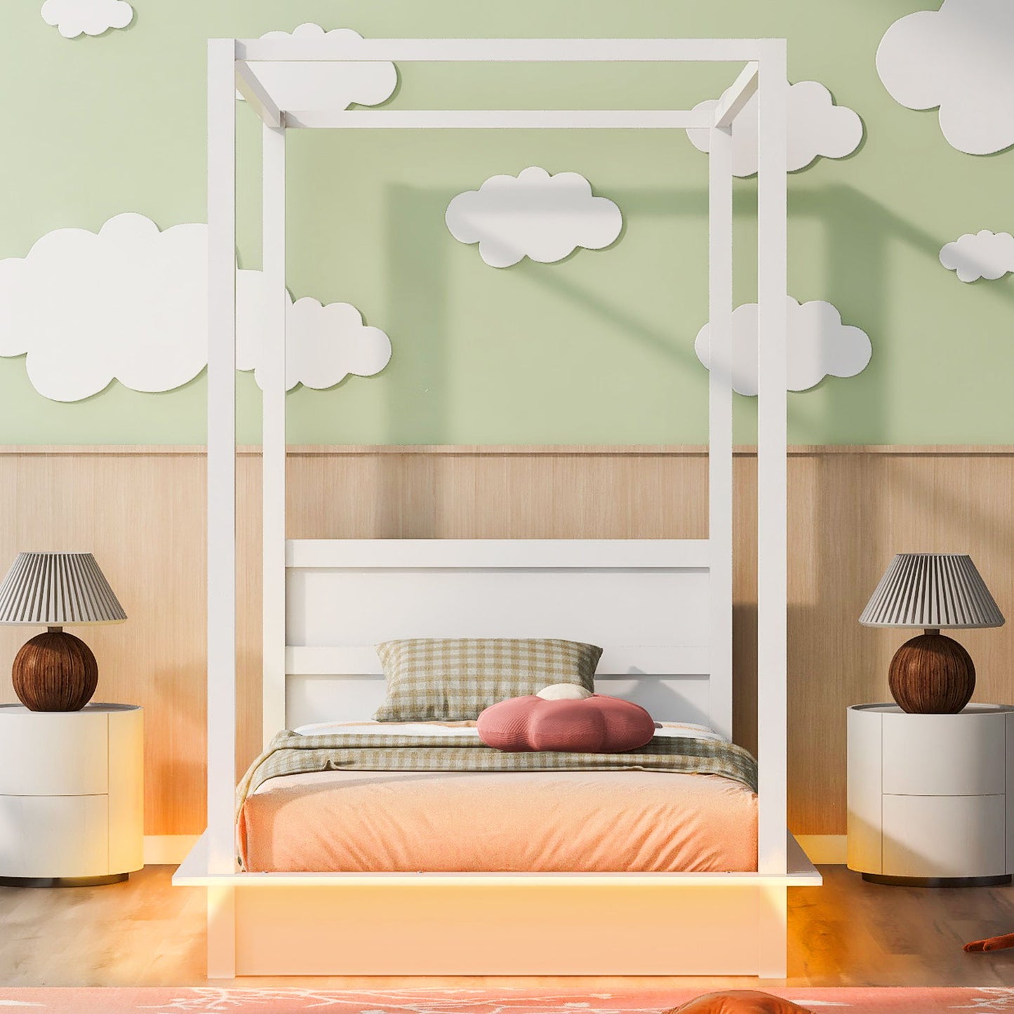 LED Canopy Bed, Canopy Platform Bed With Support Slats, No Box Spring Needed